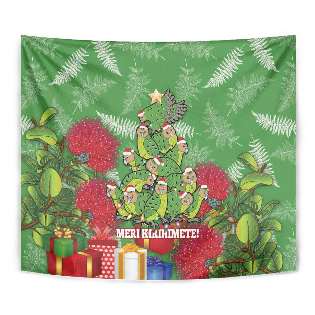 Kakapo New Zealand Christmas Tapestry Meri Kirihimete Pohutukawa - Green Color - Vibe Hoodie Shop