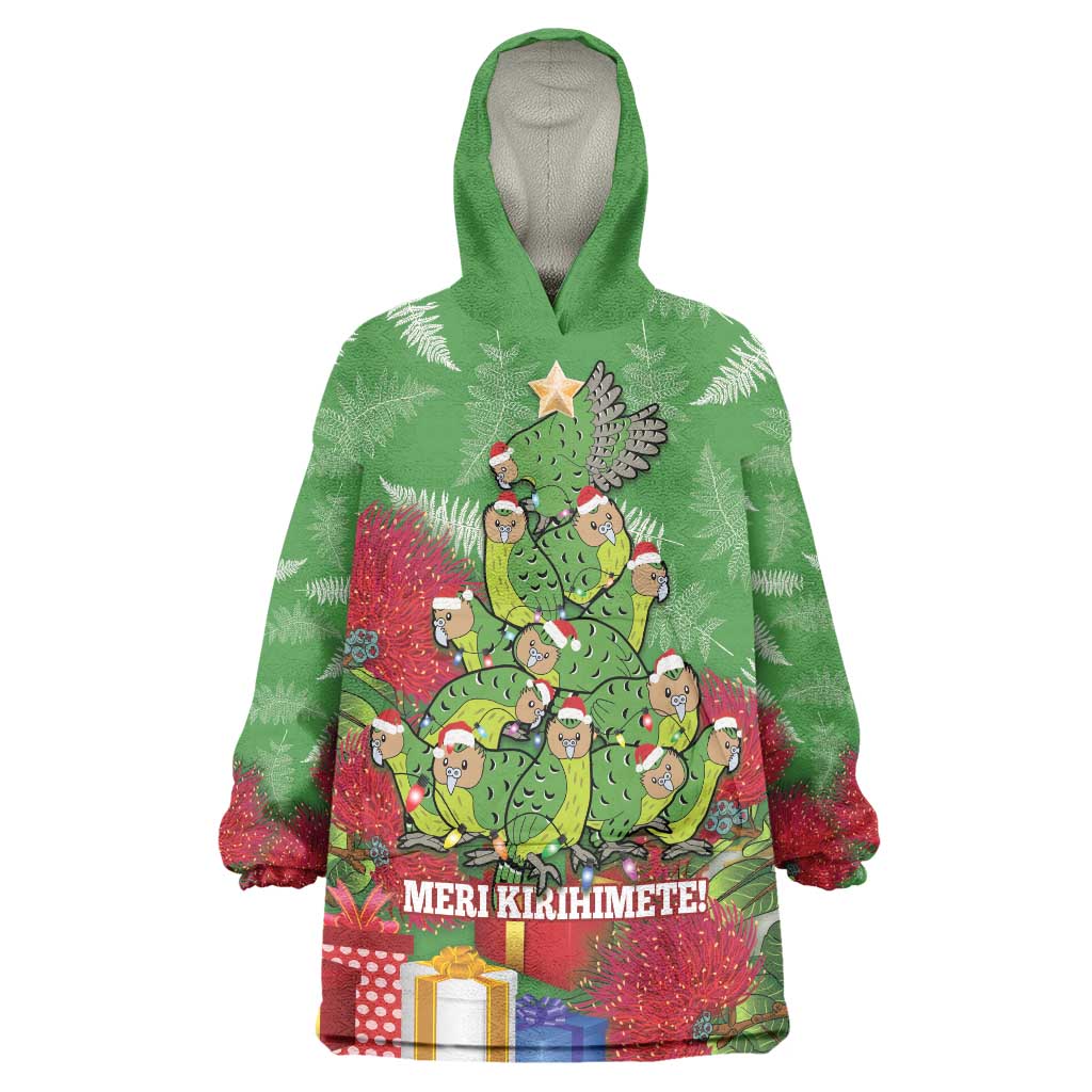 Kakapo New Zealand Christmas Wearable Blanket Hoodie Meri Kirihimete Pohutukawa - Green Color - Vibe Hoodie Shop