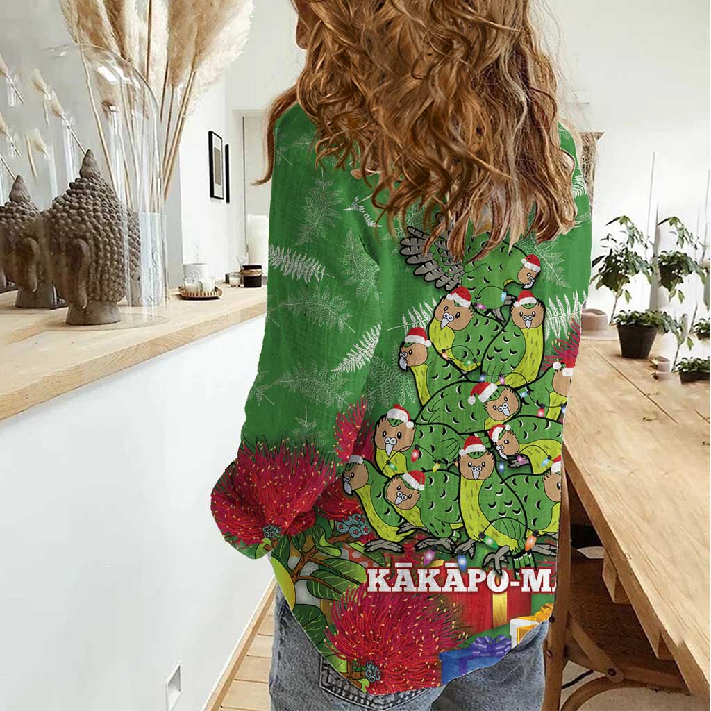 Kakapo New Zealand Christmas Women Casual Shirt Meri Kirihimete Pohutukawa - Green Color - Vibe Hoodie Shop