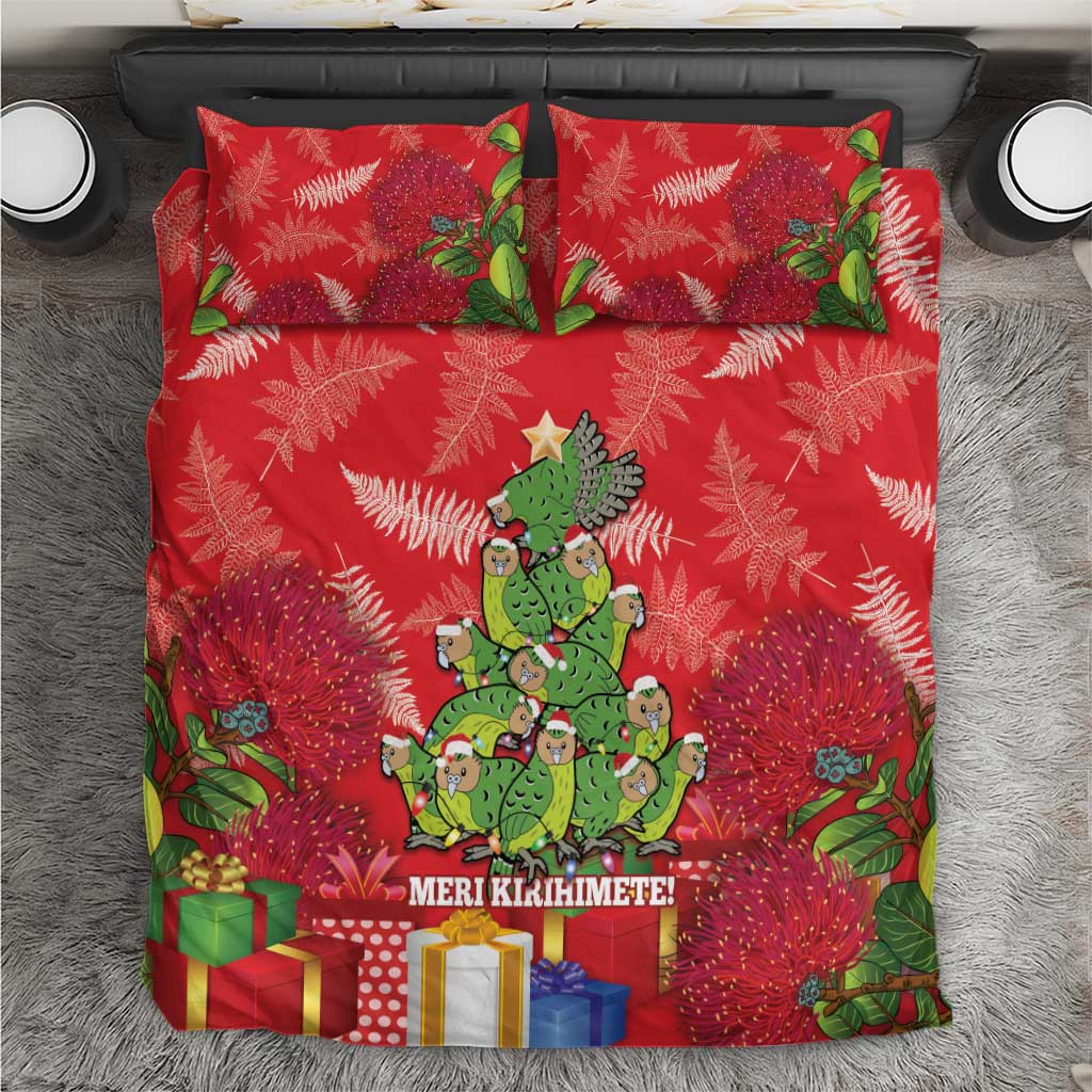 Kakapo New Zealand Christmas Bedding Set Meri Kirihimete Pohutukawa - Red Color - Vibe Hoodie Shop