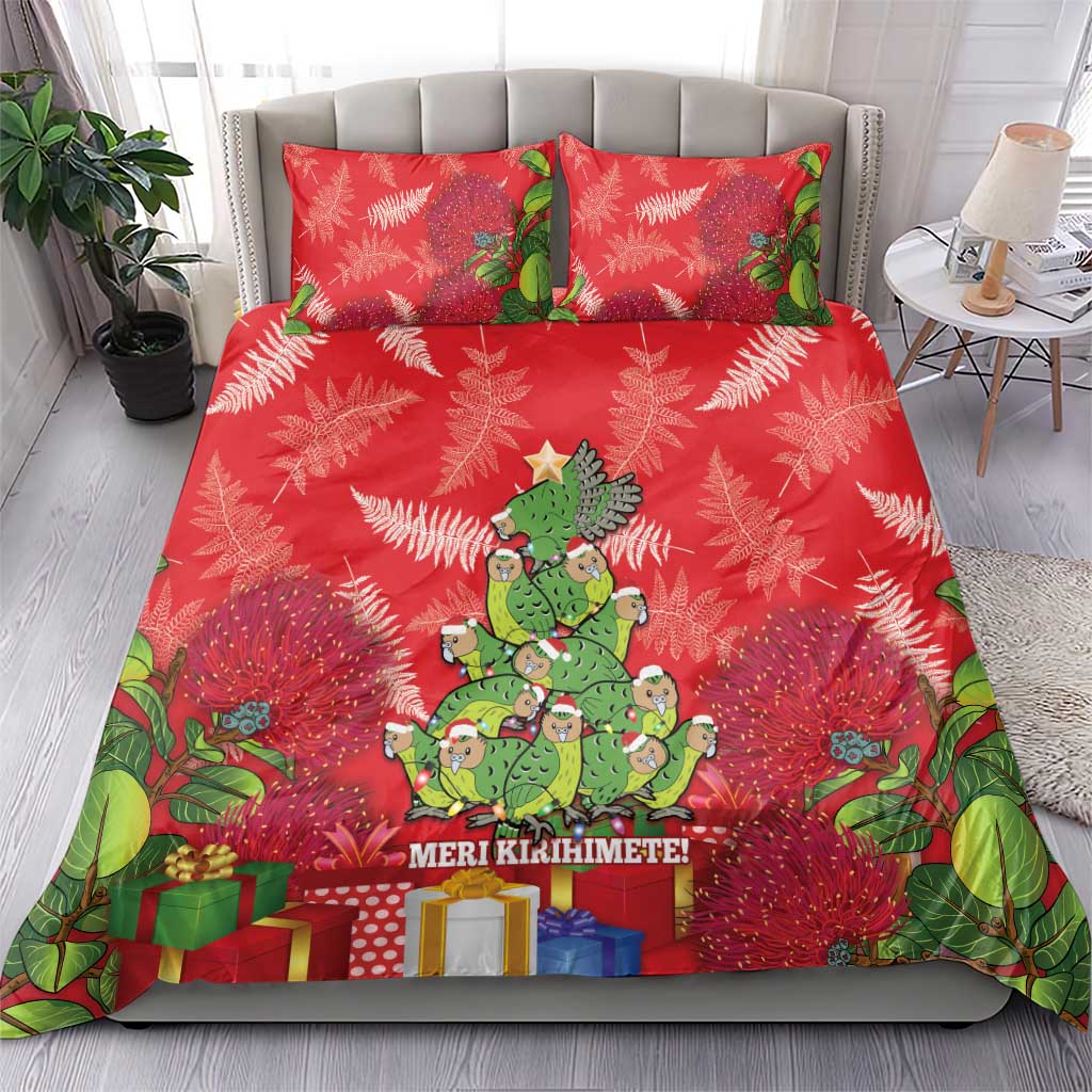 Kakapo New Zealand Christmas Bedding Set Meri Kirihimete Pohutukawa - Red Color - Vibe Hoodie Shop