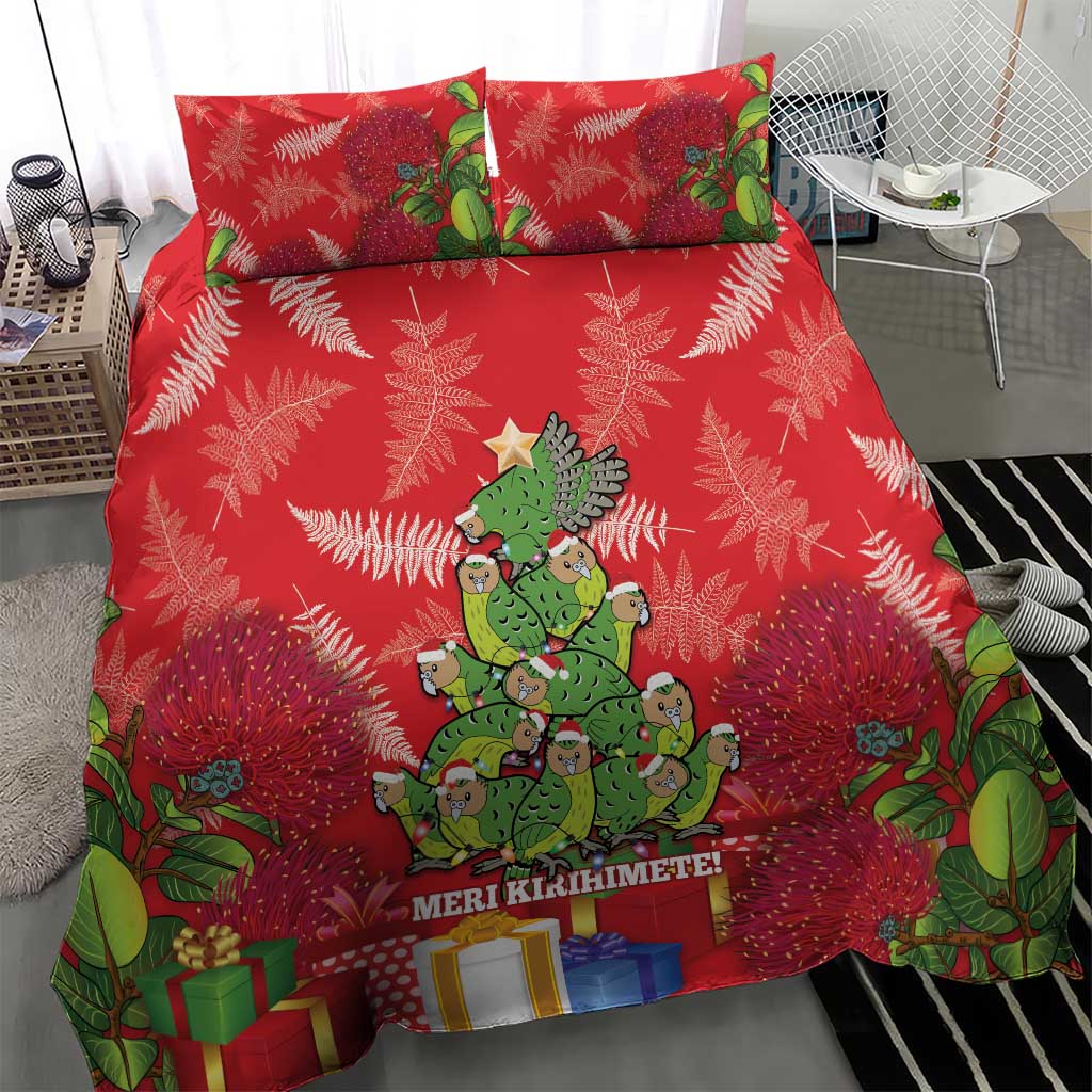 Kakapo New Zealand Christmas Bedding Set Meri Kirihimete Pohutukawa - Red Color - Vibe Hoodie Shop