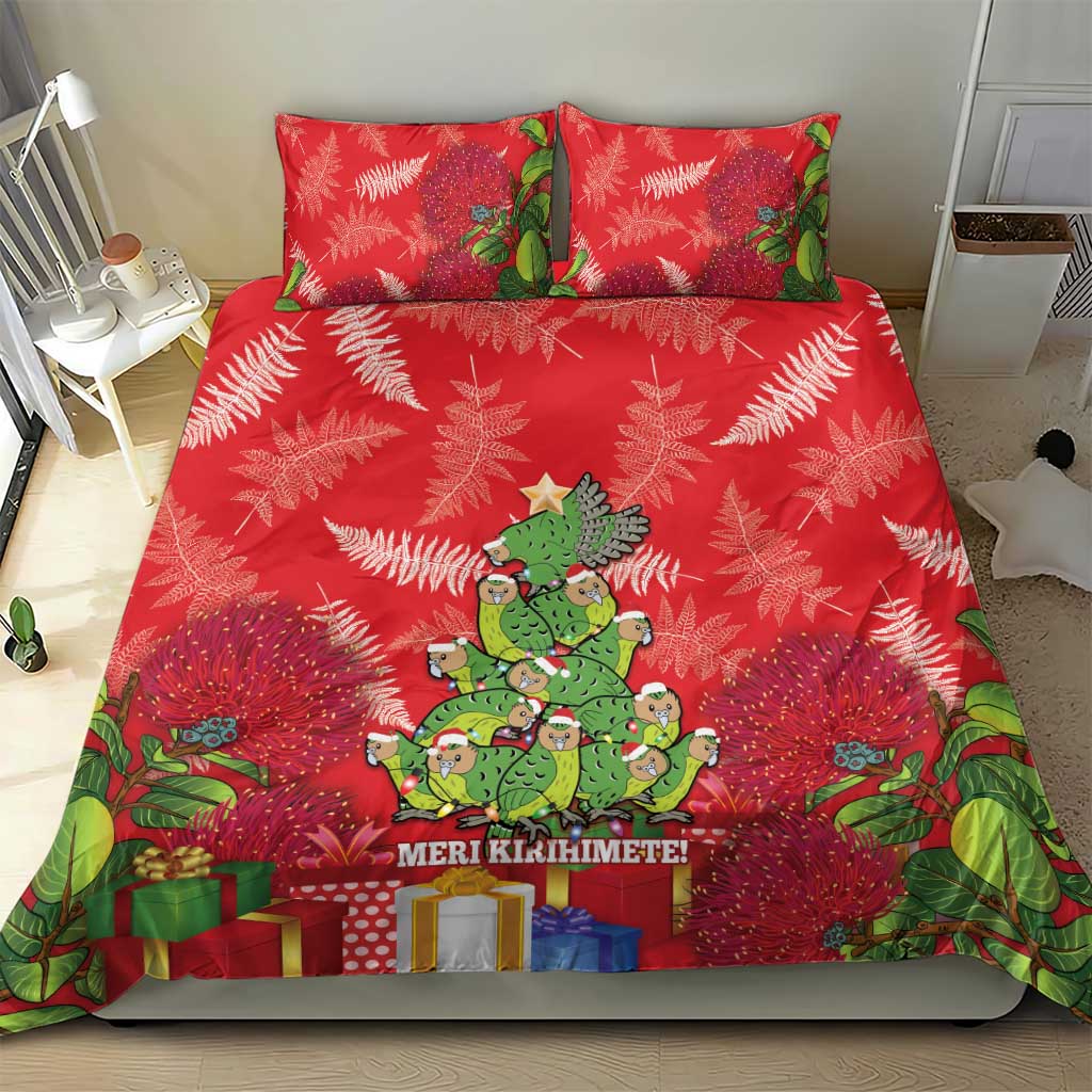 Kakapo New Zealand Christmas Bedding Set Meri Kirihimete Pohutukawa - Red Color - Vibe Hoodie Shop
