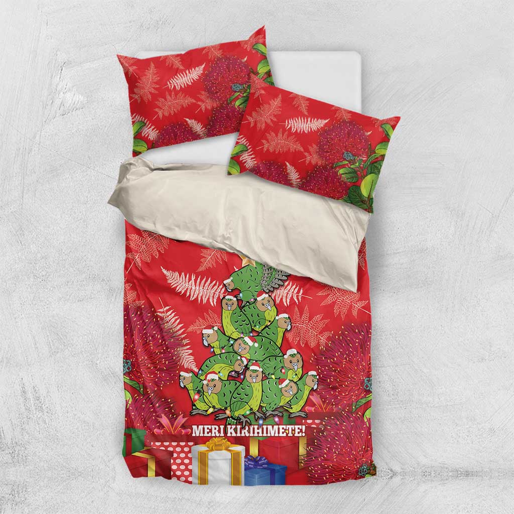 Kakapo New Zealand Christmas Bedding Set Meri Kirihimete Pohutukawa - Red Color - Vibe Hoodie Shop