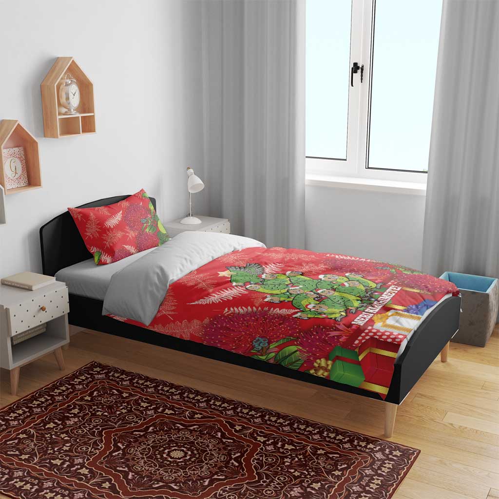 Kakapo New Zealand Christmas Bedding Set Meri Kirihimete Pohutukawa - Red Color - Vibe Hoodie Shop