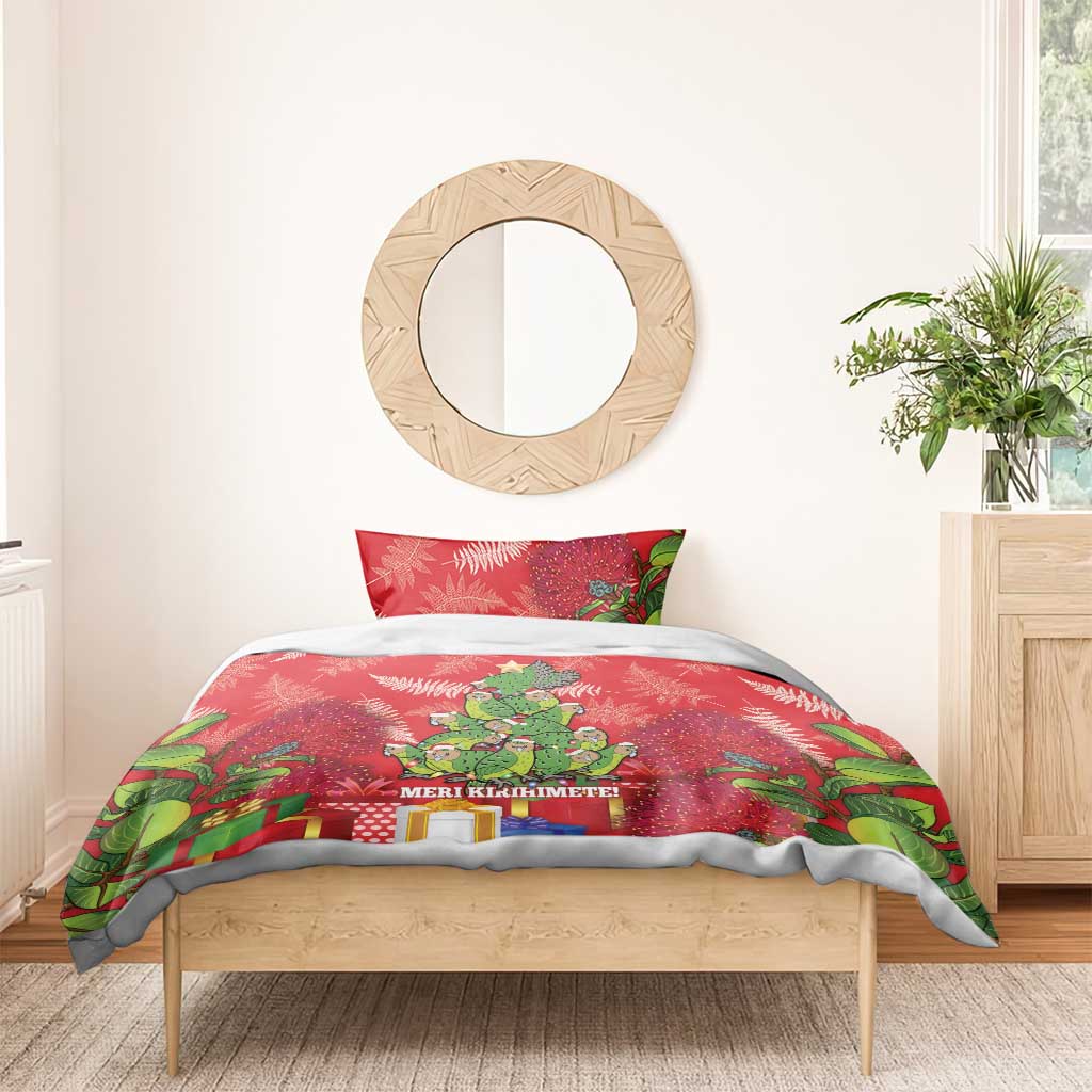 Kakapo New Zealand Christmas Bedding Set Meri Kirihimete Pohutukawa - Red Color - Vibe Hoodie Shop