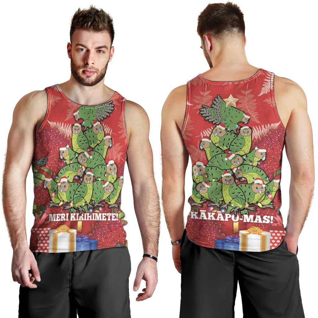 Kakapo New Zealand Christmas Men Tank Top Meri Kirihimete Pohutukawa - Red Color - Vibe Hoodie Shop