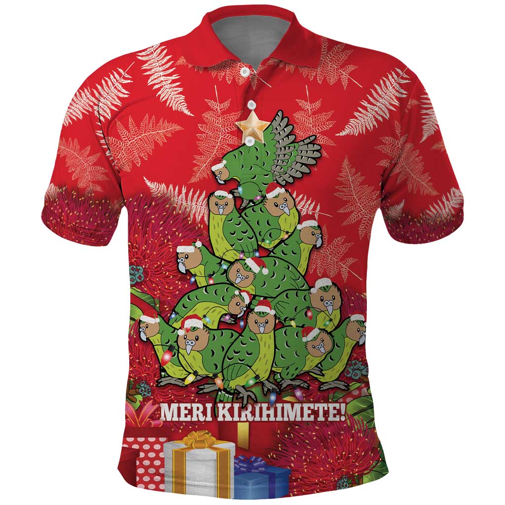 Kakapo New Zealand Christmas Polo Shirt Meri Kirihimete Pohutukawa - Red Color - Vibe Hoodie Shop