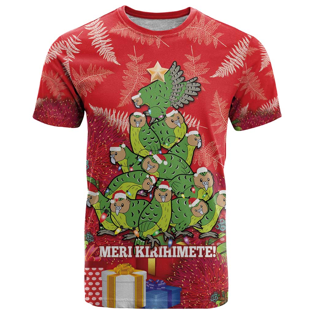 Kakapo New Zealand Christmas T Shirt Meri Kirihimete Pohutukawa - Red Color - Vibe Hoodie Shop