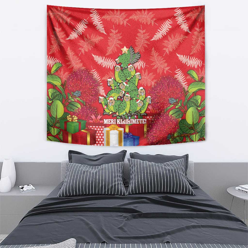 Kakapo New Zealand Christmas Tapestry Meri Kirihimete Pohutukawa - Red Color - Vibe Hoodie Shop