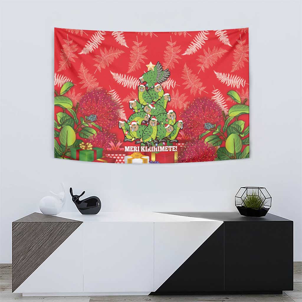 Kakapo New Zealand Christmas Tapestry Meri Kirihimete Pohutukawa - Red Color - Vibe Hoodie Shop