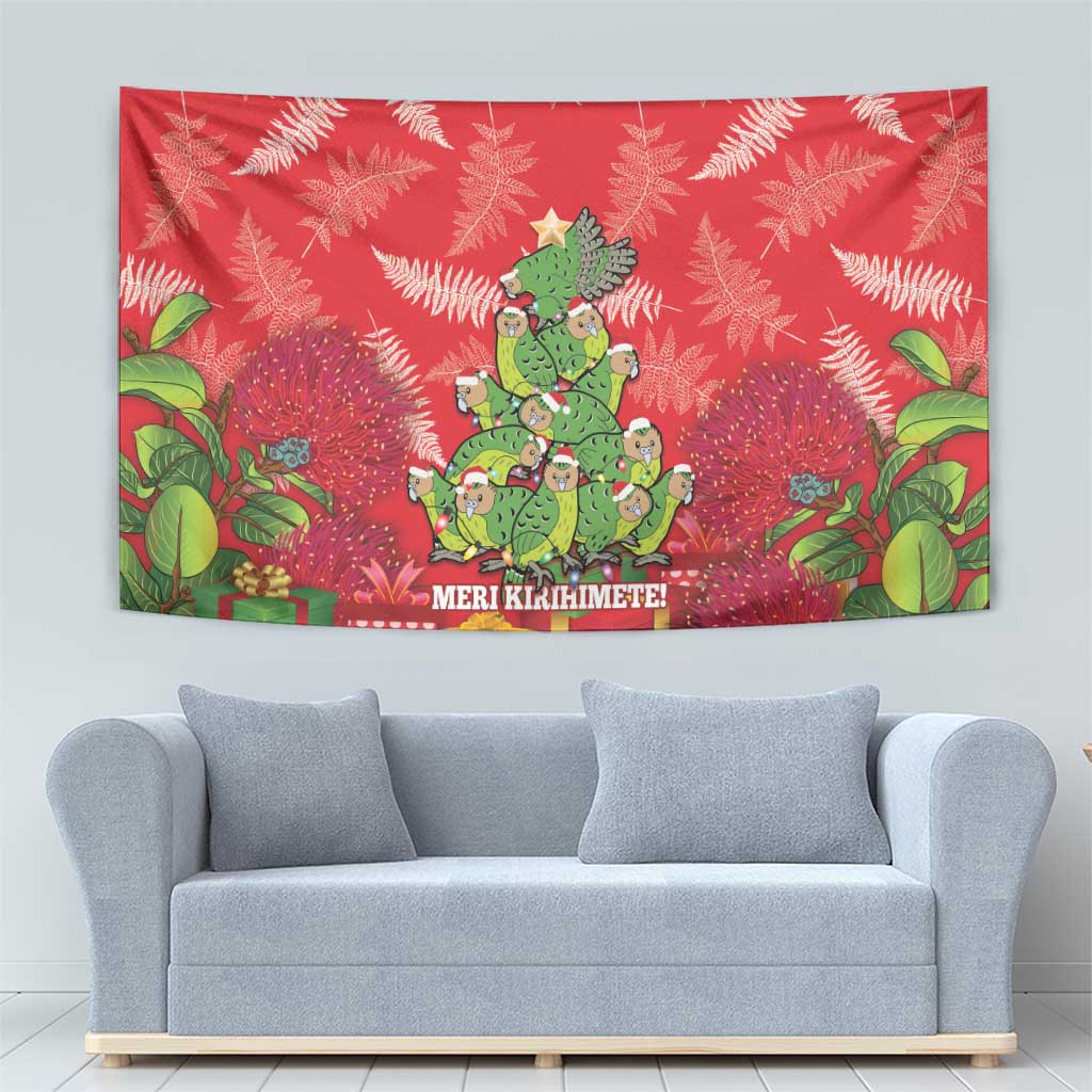 Kakapo New Zealand Christmas Tapestry Meri Kirihimete Pohutukawa - Red Color - Vibe Hoodie Shop