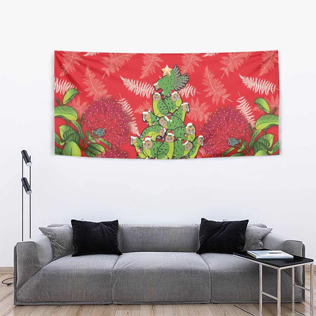 Kakapo New Zealand Christmas Tapestry Meri Kirihimete Pohutukawa - Red Color - Vibe Hoodie Shop