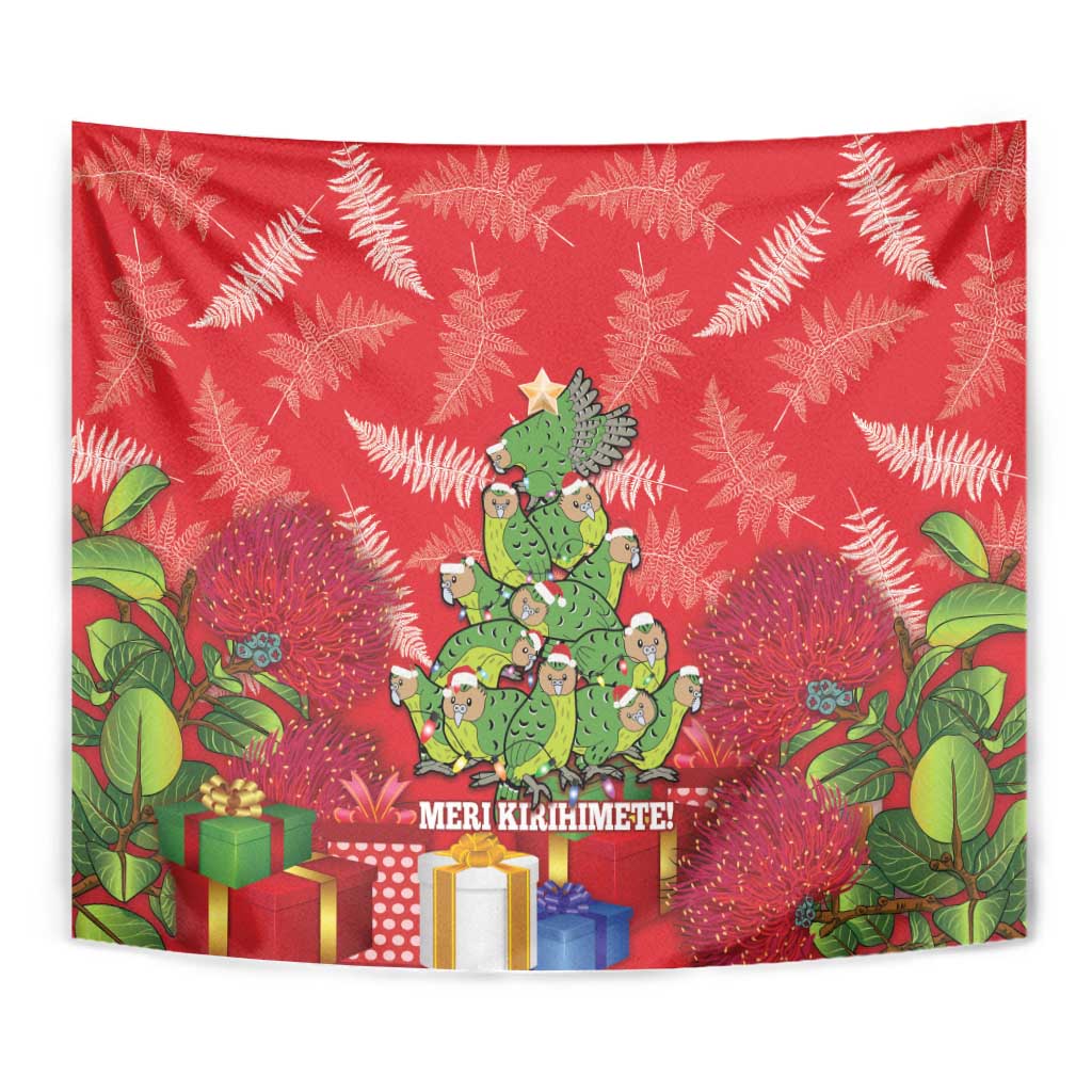 Kakapo New Zealand Christmas Tapestry Meri Kirihimete Pohutukawa - Red Color - Vibe Hoodie Shop