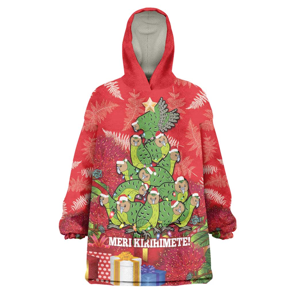 Kakapo New Zealand Christmas Wearable Blanket Hoodie Meri Kirihimete Pohutukawa - Red Color - Vibe Hoodie Shop