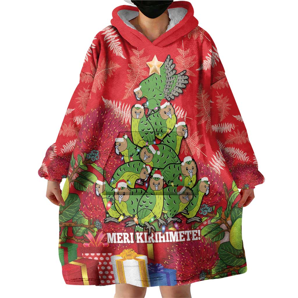 Kakapo New Zealand Christmas Wearable Blanket Hoodie Meri Kirihimete Pohutukawa - Red Color - Vibe Hoodie Shop