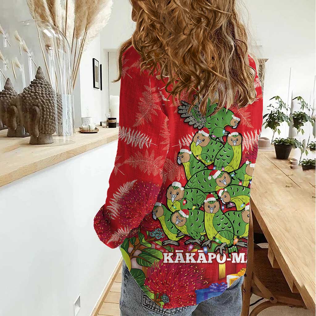 Kakapo New Zealand Christmas Women Casual Shirt Meri Kirihimete Pohutukawa - Red Color - Vibe Hoodie Shop