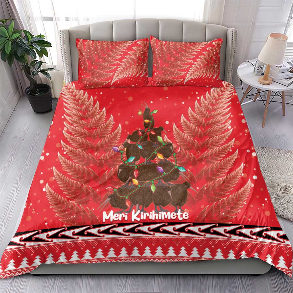 Kiwi New Zealand Christmas Bedding Set Meri Kirihimete Silver Fern - Red Color - Vibe Hoodie Shop