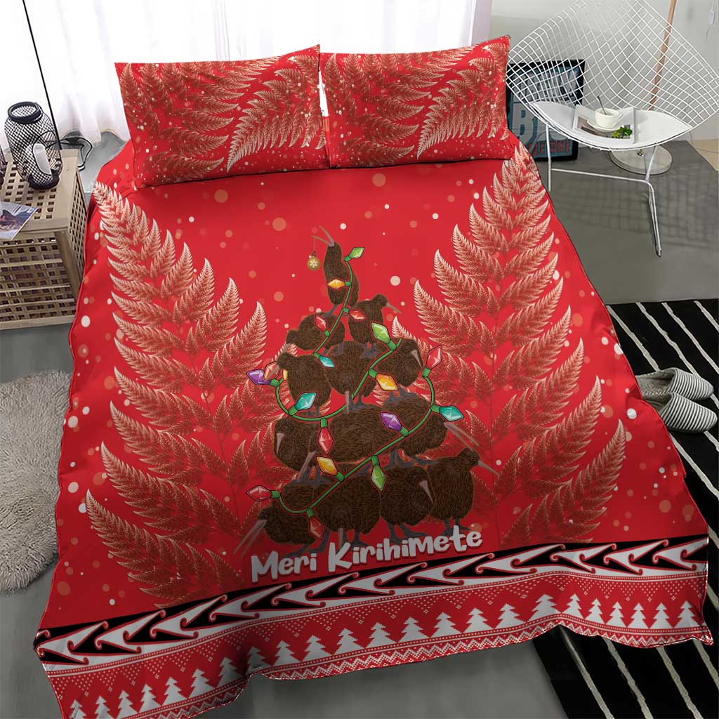 Kiwi New Zealand Christmas Bedding Set Meri Kirihimete Silver Fern - Red Color - Vibe Hoodie Shop