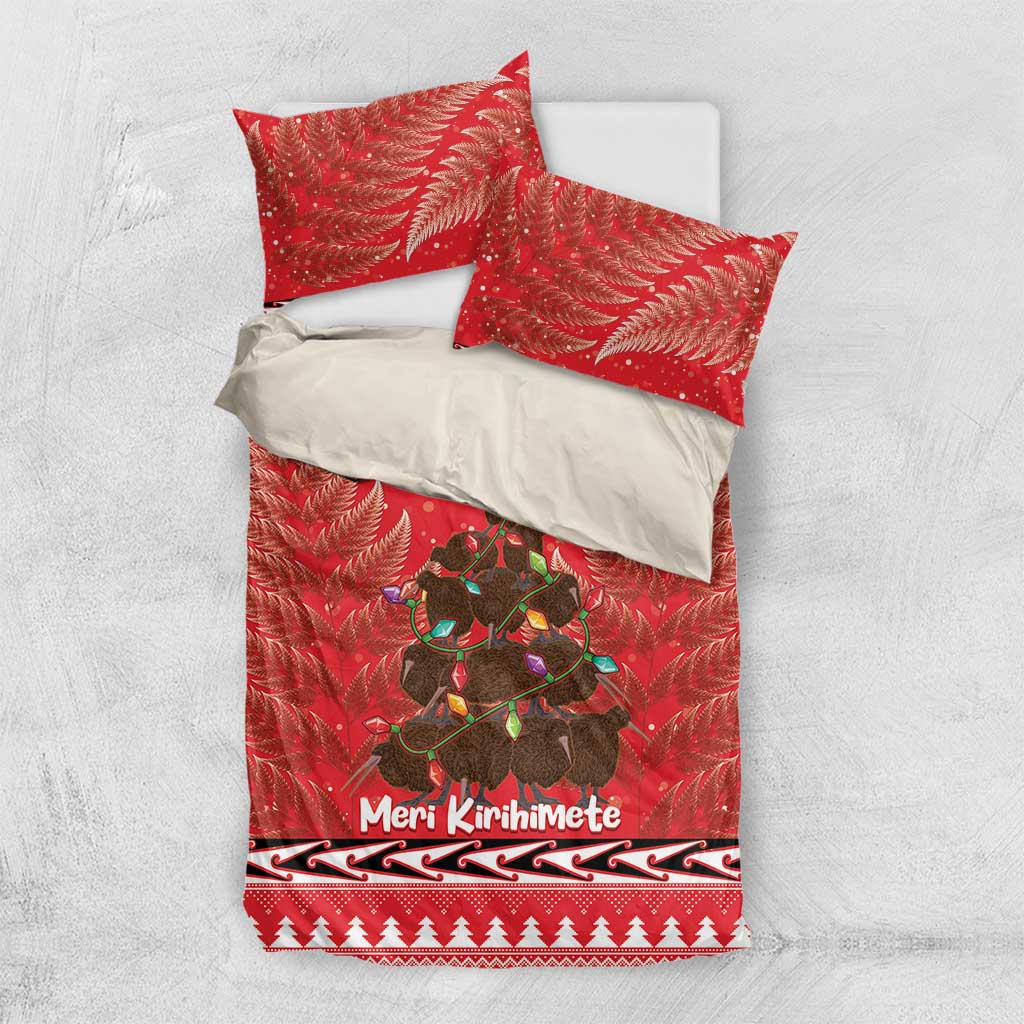 Kiwi New Zealand Christmas Bedding Set Meri Kirihimete Silver Fern - Red Color - Vibe Hoodie Shop