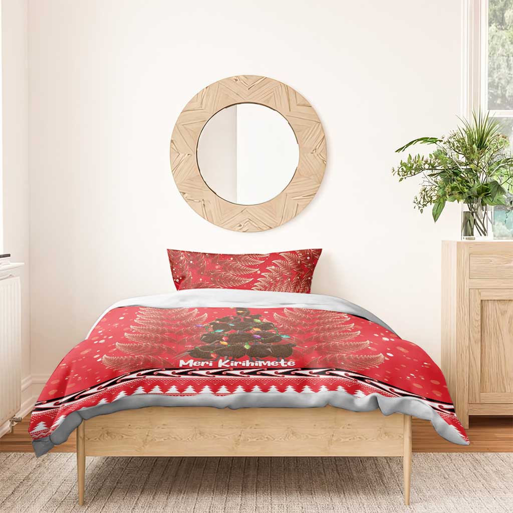 Kiwi New Zealand Christmas Bedding Set Meri Kirihimete Silver Fern - Red Color - Vibe Hoodie Shop