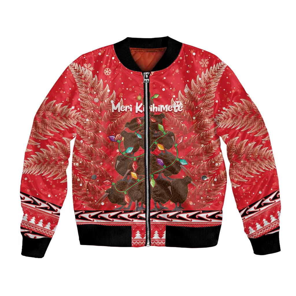 Kiwi New Zealand Christmas Bomber Jacket Meri Kirihimete Silver Fern - Red Color - Vibe Hoodie Shop