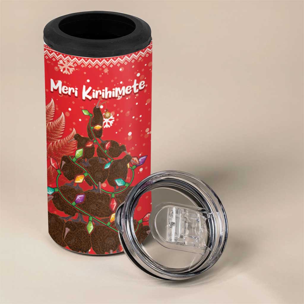 Kiwi New Zealand Christmas 4 in 1 Can Cooler Tumbler Meri Kirihimete Silver Fern - Red Color