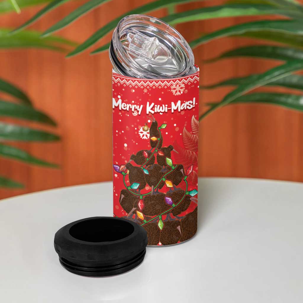 Kiwi New Zealand Christmas 4 in 1 Can Cooler Tumbler Meri Kirihimete Silver Fern - Red Color