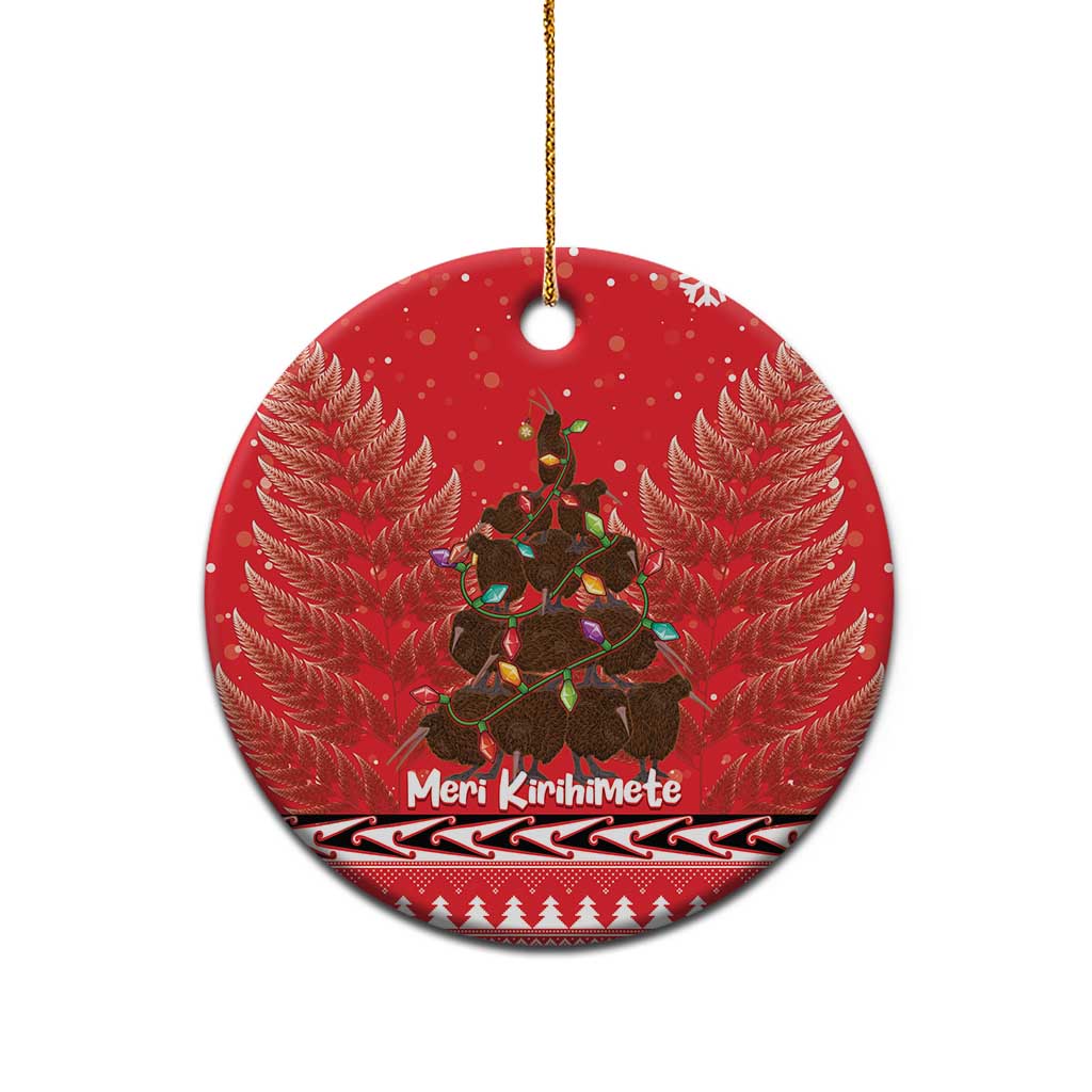 Kiwi New Zealand Christmas Ceramic Ornament Meri Kirihimete Silver Fern - Red Color