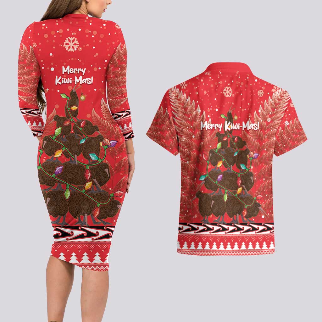 Kiwi New Zealand Christmas Couples Matching Long Sleeve Bodycon Dress and Hawaiian Shirt Meri Kirihimete Silver Fern - Red Color