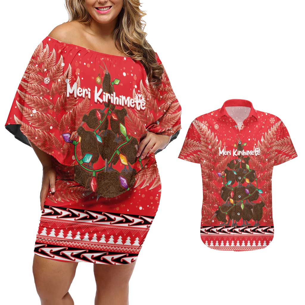 Kiwi New Zealand Christmas Couples Matching Off Shoulder Short Dress and Hawaiian Shirt Meri Kirihimete Silver Fern - Red Color