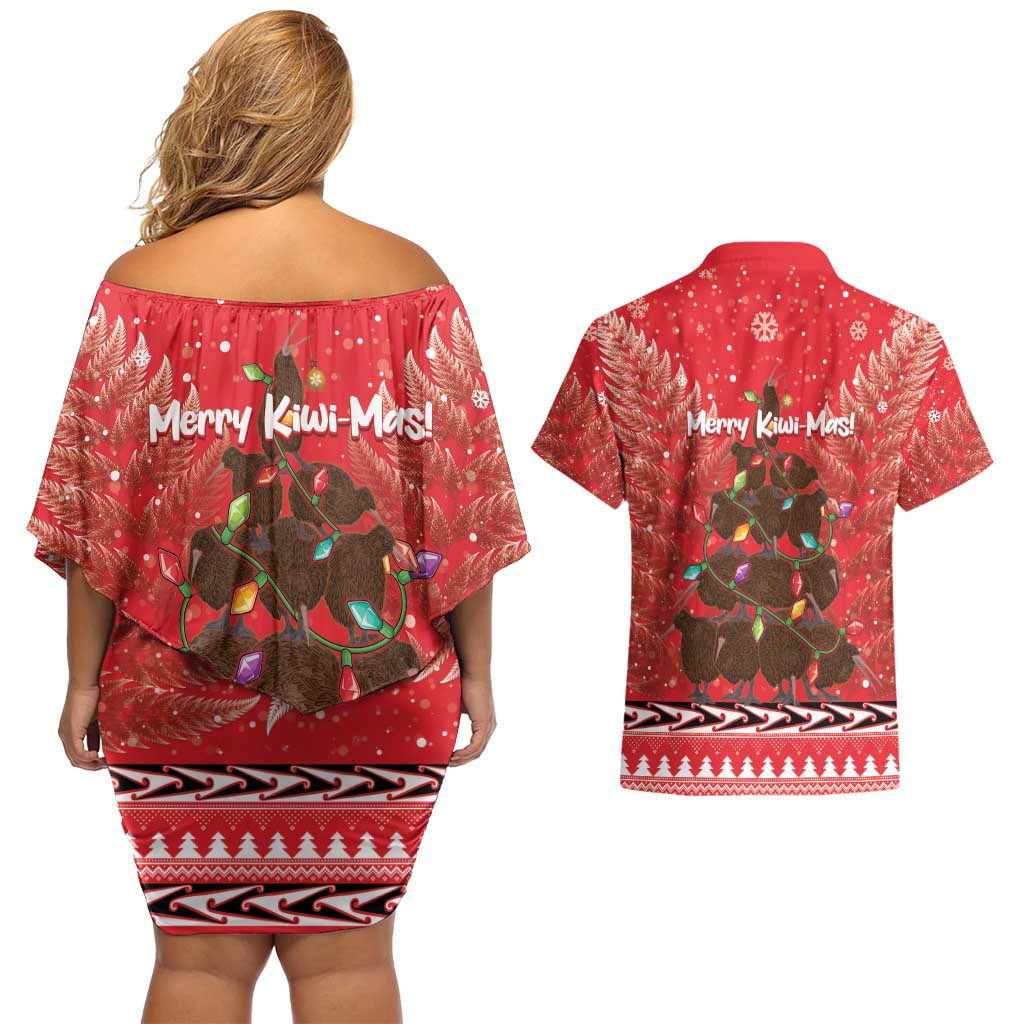 Kiwi New Zealand Christmas Couples Matching Off Shoulder Short Dress and Hawaiian Shirt Meri Kirihimete Silver Fern - Red Color