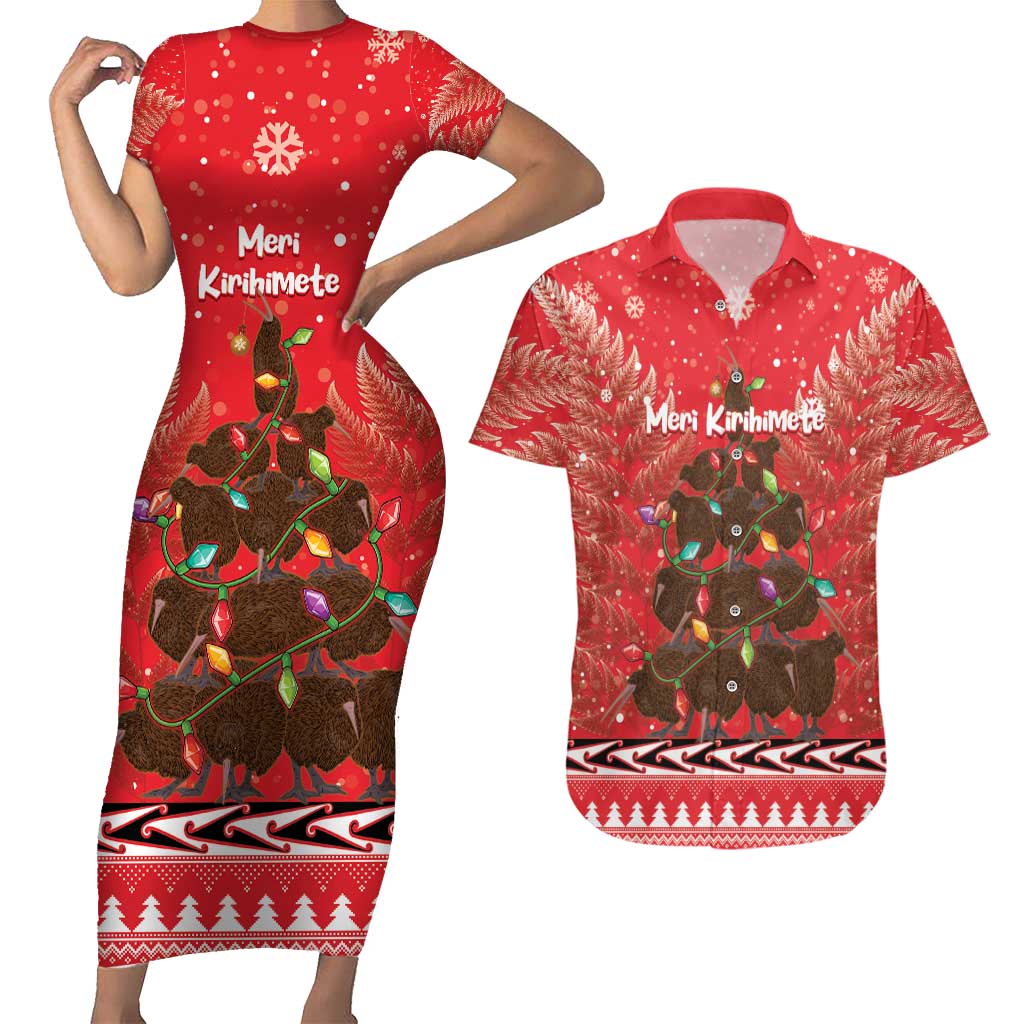 Kiwi New Zealand Christmas Couples Matching Short Sleeve Bodycon Dress and Hawaiian Shirt Meri Kirihimete Silver Fern - Red Color