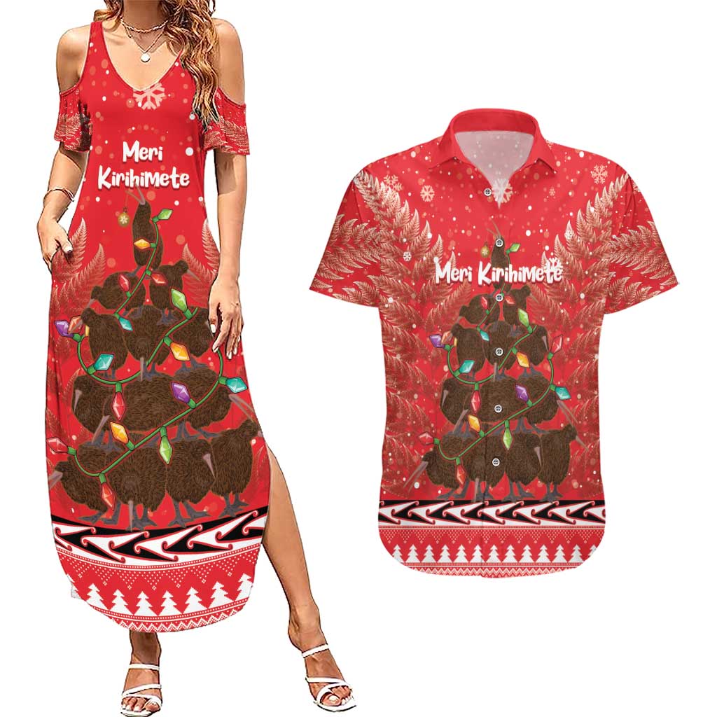 Kiwi New Zealand Christmas Couples Matching Summer Maxi Dress and Hawaiian Shirt Meri Kirihimete Silver Fern - Red Color