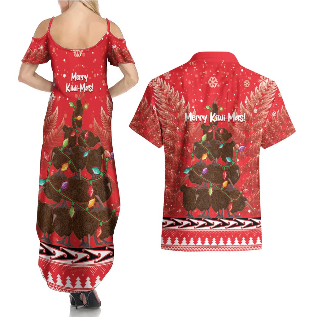 Kiwi New Zealand Christmas Couples Matching Summer Maxi Dress and Hawaiian Shirt Meri Kirihimete Silver Fern - Red Color