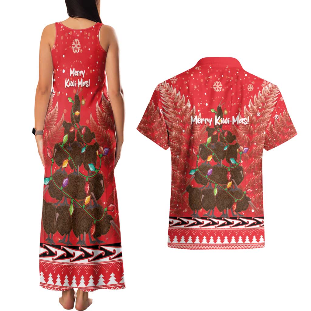 Kiwi New Zealand Christmas Couples Matching Tank Maxi Dress and Hawaiian Shirt Meri Kirihimete Silver Fern - Red Color