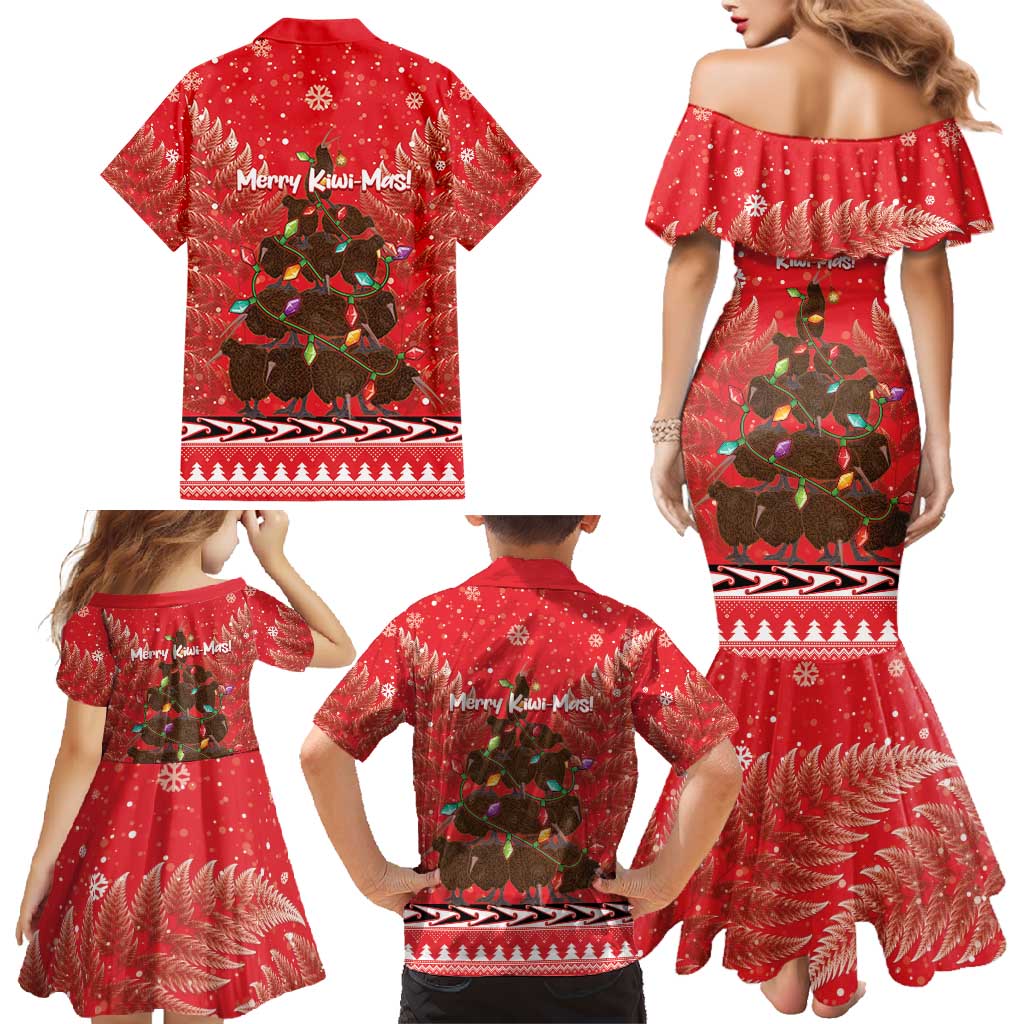 Kiwi New Zealand Christmas Family Matching Mermaid Dress and Hawaiian Shirt Meri Kirihimete Silver Fern - Red Color