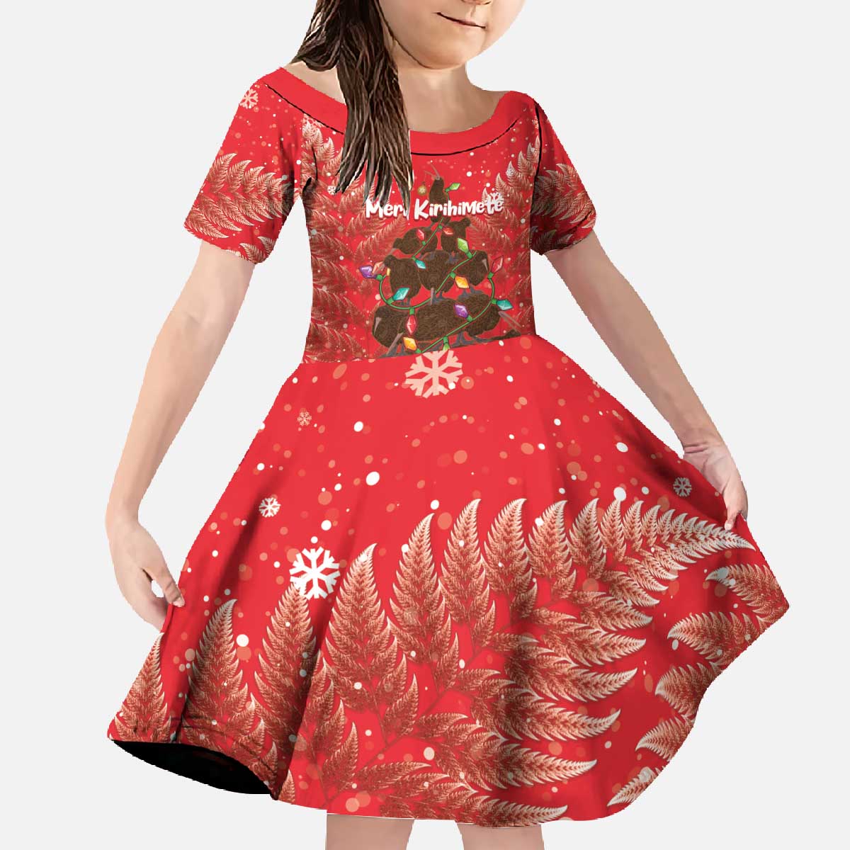 Kiwi New Zealand Christmas Family Matching Off The Shoulder Long Sleeve Dress and Hawaiian Shirt Meri Kirihimete Silver Fern - Red Color