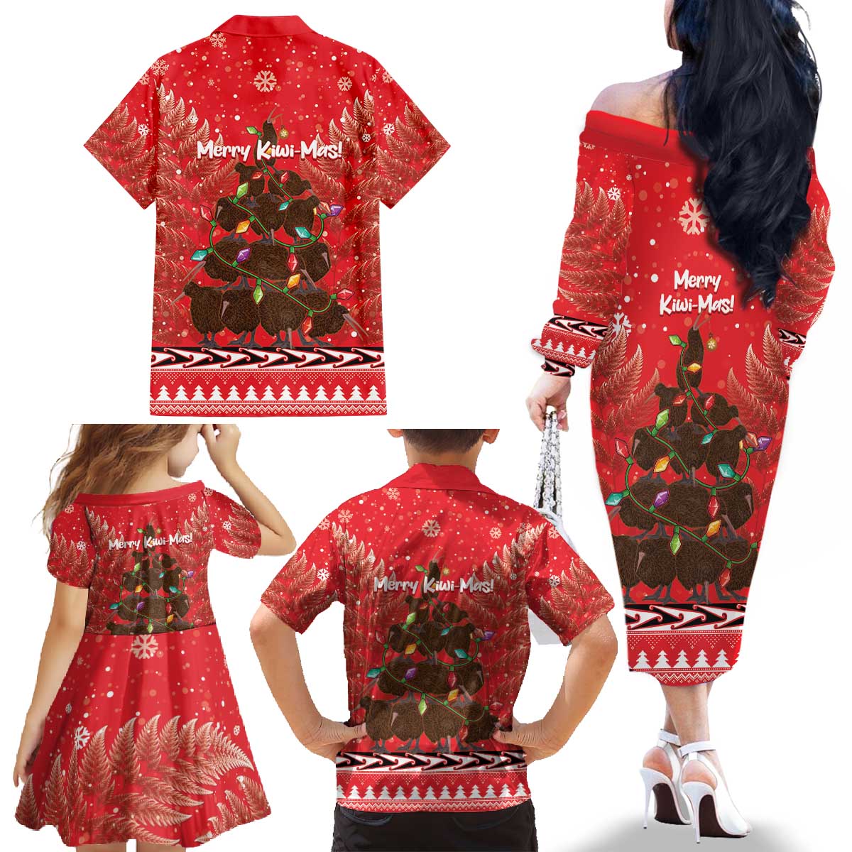 Kiwi New Zealand Christmas Family Matching Off The Shoulder Long Sleeve Dress and Hawaiian Shirt Meri Kirihimete Silver Fern - Red Color