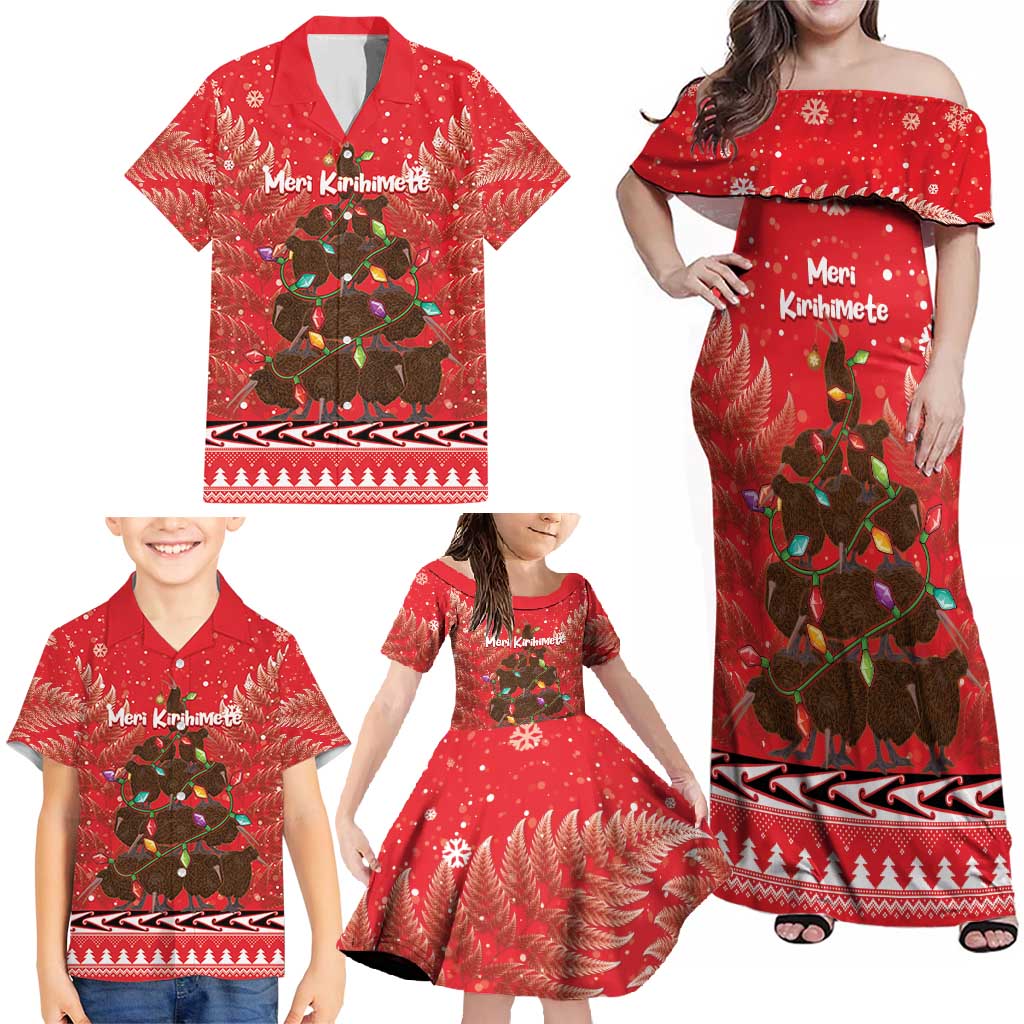 Kiwi New Zealand Christmas Family Matching Off Shoulder Maxi Dress and Hawaiian Shirt Meri Kirihimete Silver Fern - Red Color