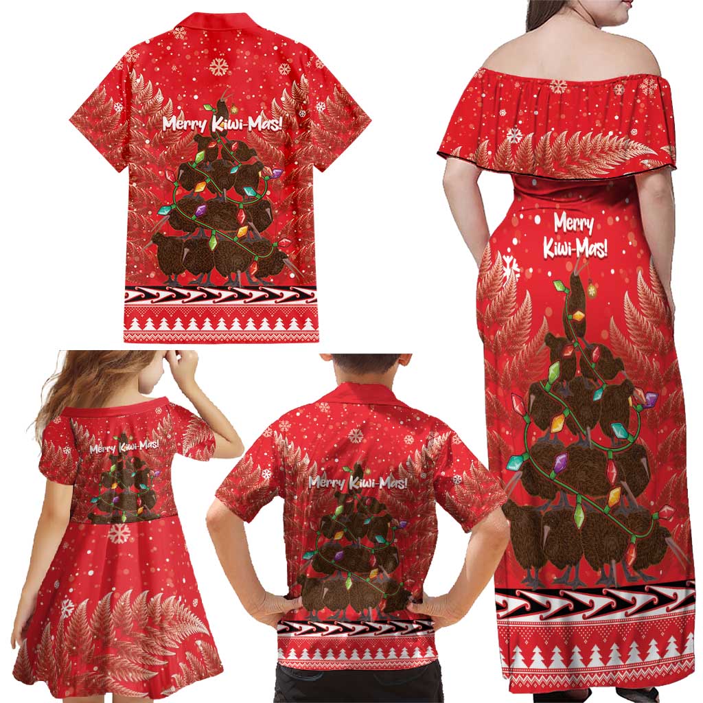 Kiwi New Zealand Christmas Family Matching Off Shoulder Maxi Dress and Hawaiian Shirt Meri Kirihimete Silver Fern - Red Color