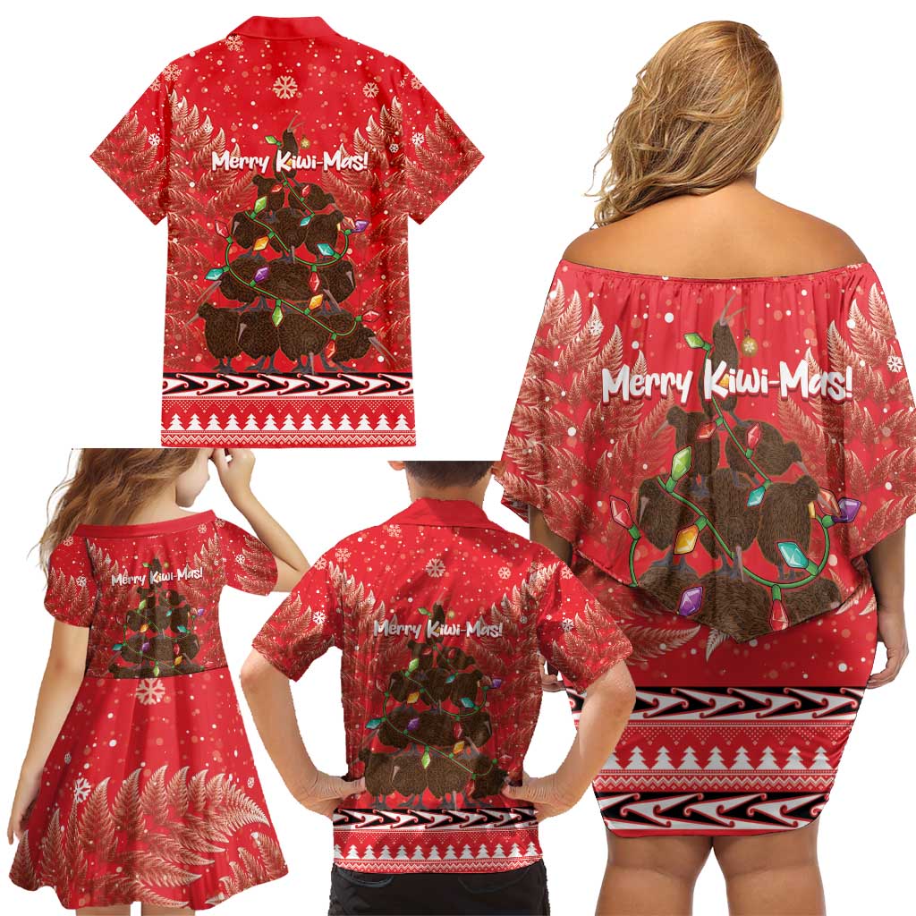 Kiwi New Zealand Christmas Family Matching Off Shoulder Short Dress and Hawaiian Shirt Meri Kirihimete Silver Fern - Red Color