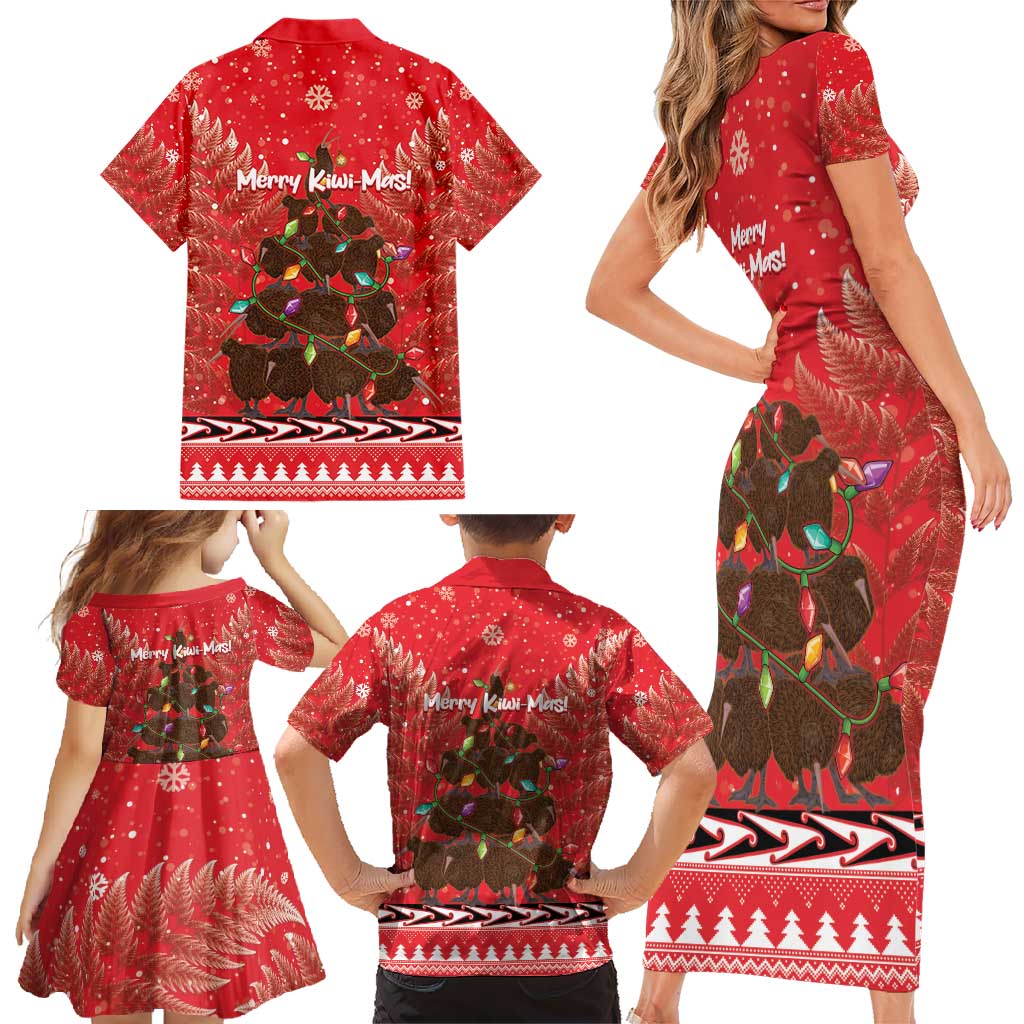 Kiwi New Zealand Christmas Family Matching Short Sleeve Bodycon Dress and Hawaiian Shirt Meri Kirihimete Silver Fern - Red Color