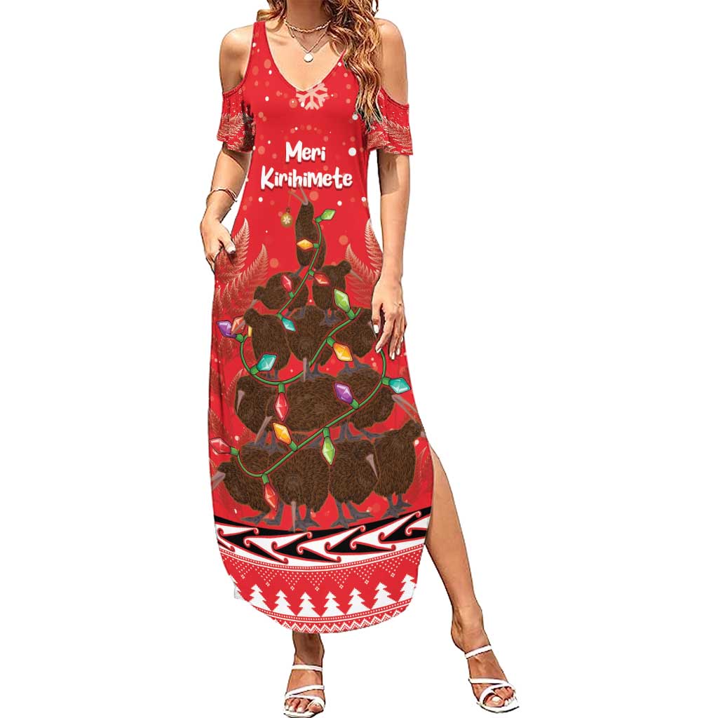 Kiwi New Zealand Christmas Family Matching Summer Maxi Dress and Hawaiian Shirt Meri Kirihimete Silver Fern - Red Color