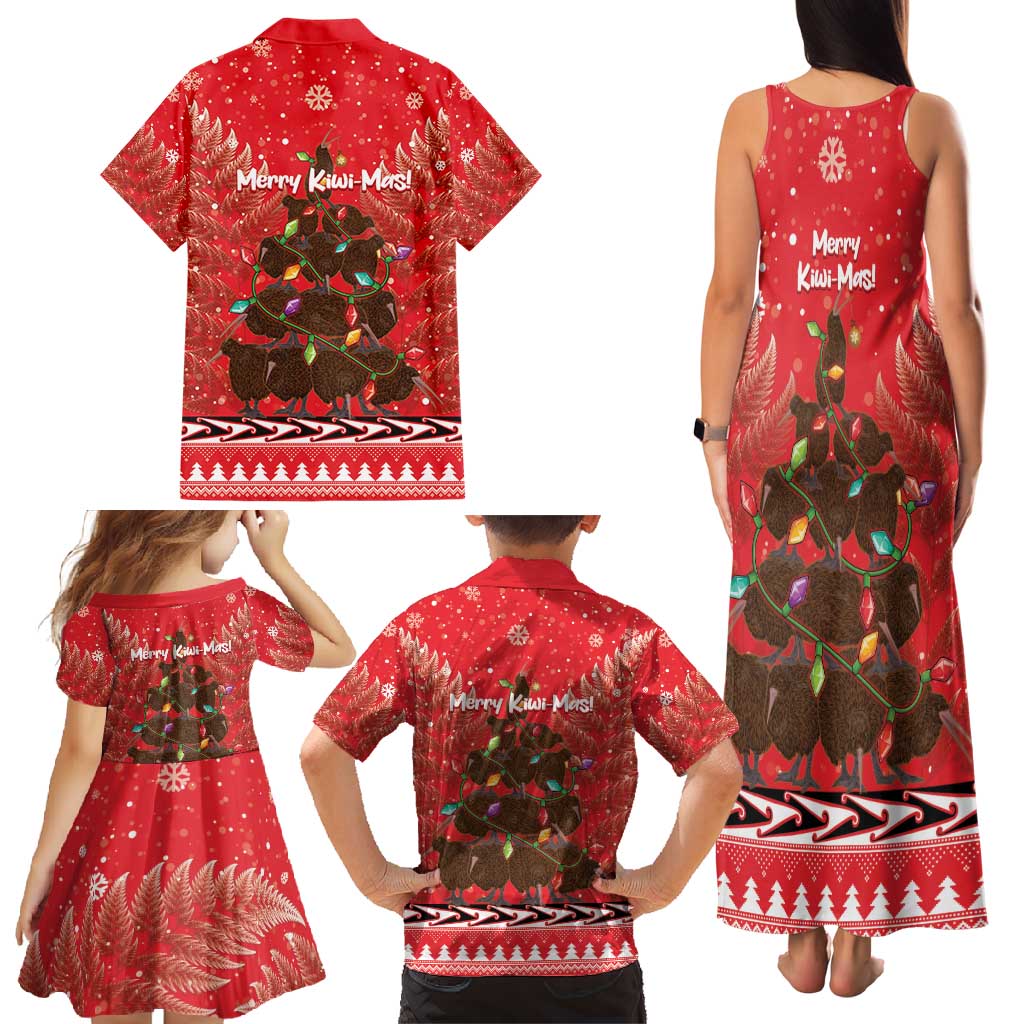 Kiwi New Zealand Christmas Family Matching Tank Maxi Dress and Hawaiian Shirt Meri Kirihimete Silver Fern - Red Color