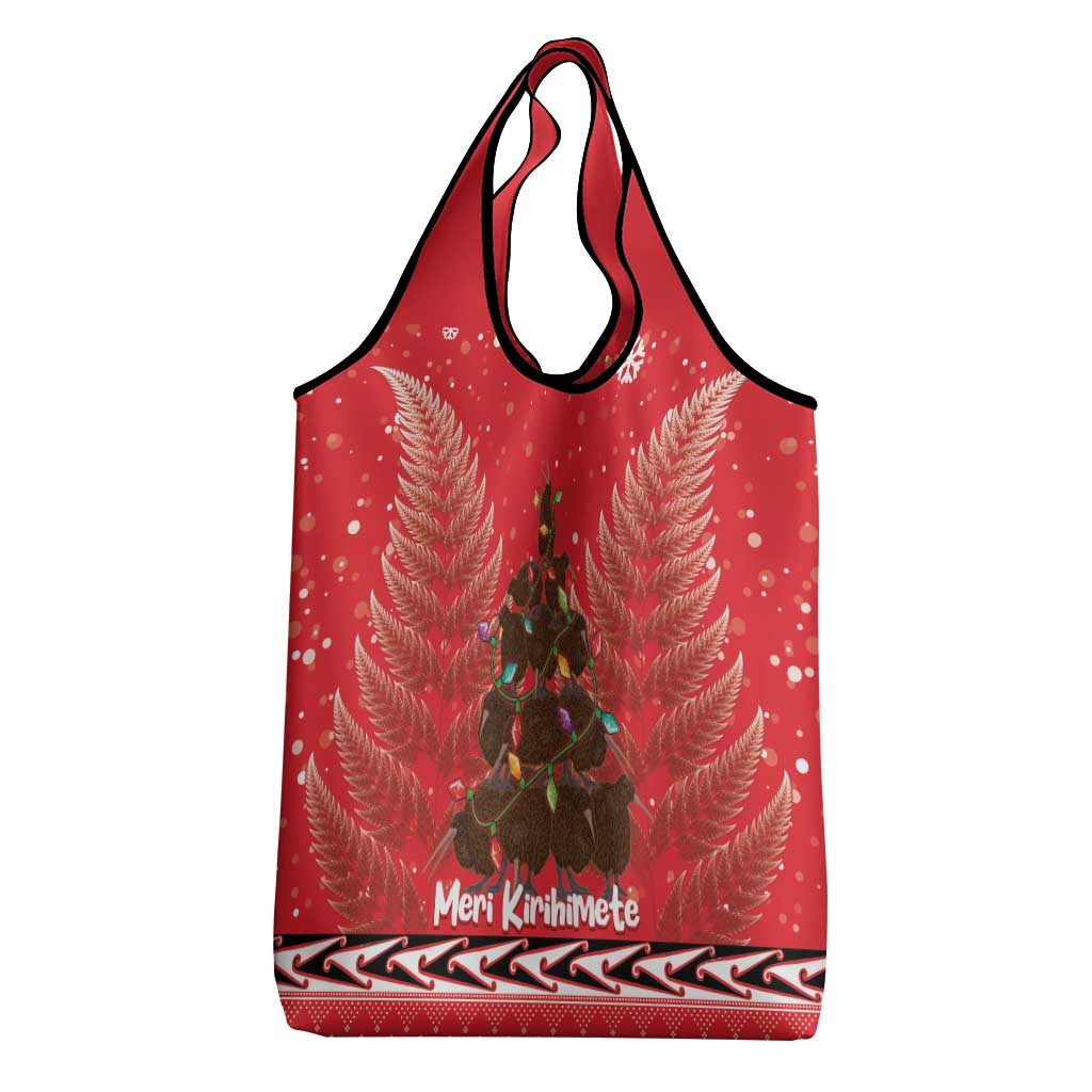 Kiwi New Zealand Christmas Grocery Bag Meri Kirihimete Silver Fern - Red Color