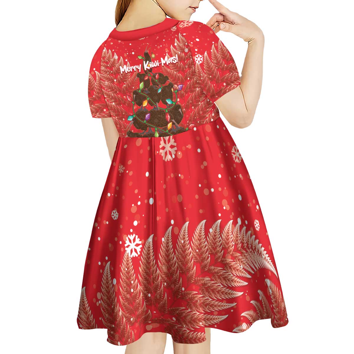 Kiwi New Zealand Christmas Kid Short Sleeve Dress Meri Kirihimete Silver Fern - Red Color - Vibe Hoodie Shop