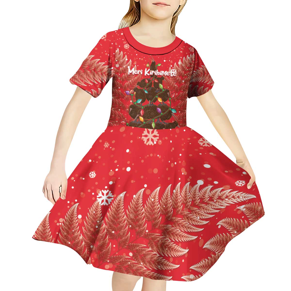 Kiwi New Zealand Christmas Kid Short Sleeve Dress Meri Kirihimete Silver Fern - Red Color - Vibe Hoodie Shop