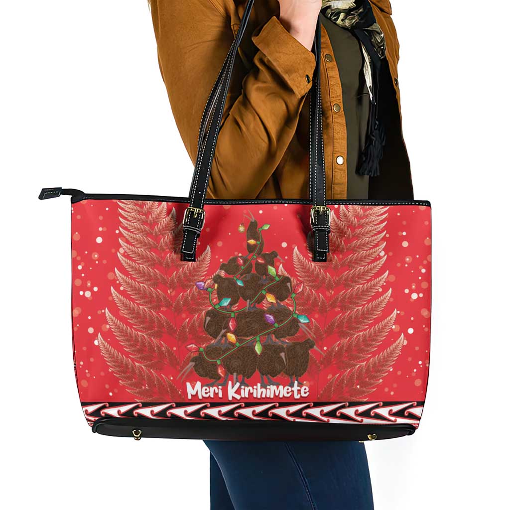 Kiwi New Zealand Christmas Leather Tote Bag Meri Kirihimete Silver Fern - Red Color