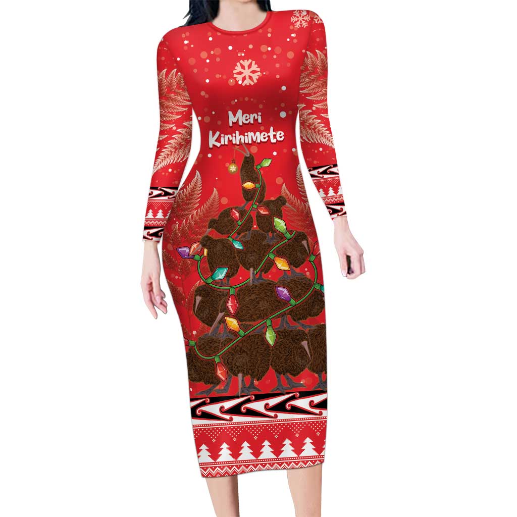 Kiwi New Zealand Christmas Long Sleeve Bodycon Dress Meri Kirihimete Silver Fern - Red Color